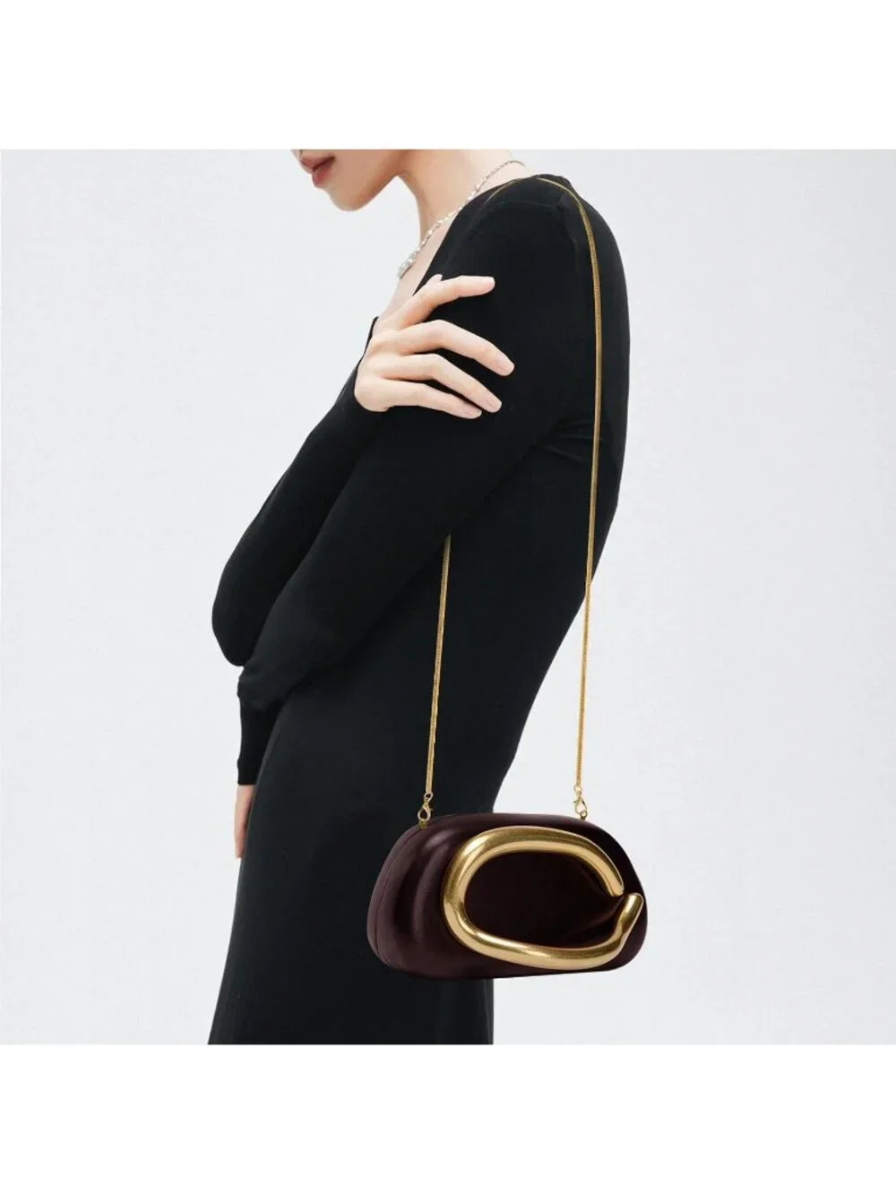 👜Women's Leather Red Coffee Acrylic Clutch Gold Handle Evening Bag Party